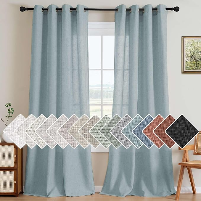 H.VERSAILTEX Living Room Linen Curtains - Semi Sheer, Nickel Grommet, Energy Saving, Light Filtering Window Treatments - Cloud Blue, 2 Panels, 52 x 96 Inch