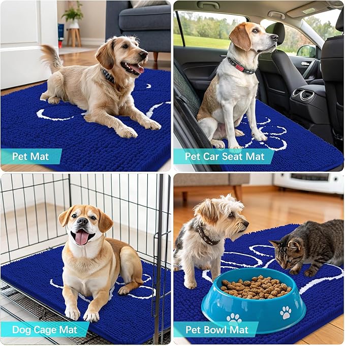 OLANLY Dog Door Mat for Muddy Paws 30x20, Paw Print Design, Absorbs Moisture and Dirt, Non-Slip Washable Doormat, Quick Dry Chenille Mud Mat for Dogs, Entry Indoor Entryway Carpet, Royal Blue