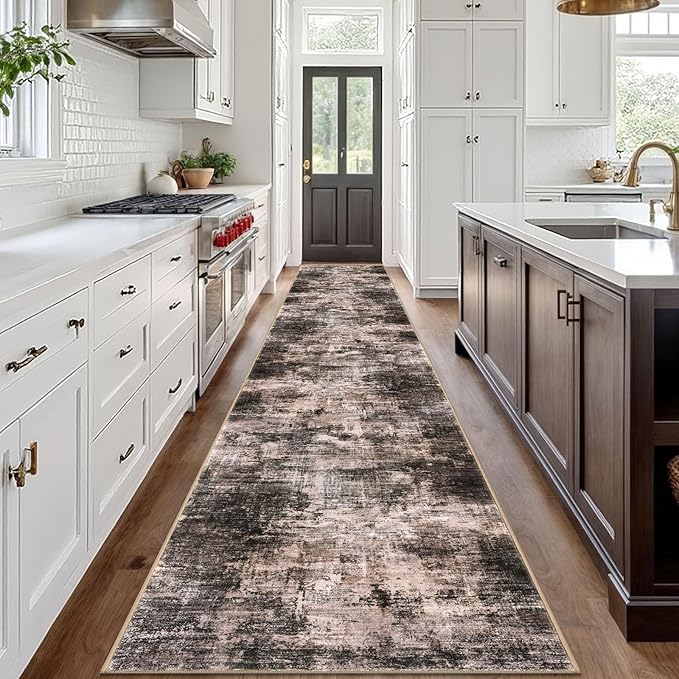IOHOUZE Abstract Runner Rug 3x18 Ft Washable Runners for Hallways, Non Slip Kitchen Runner Printed Faux Wool Entryway Runner Indoor, Modern Abstract Floor Carpet for Hall Stair, Brown/Rust
