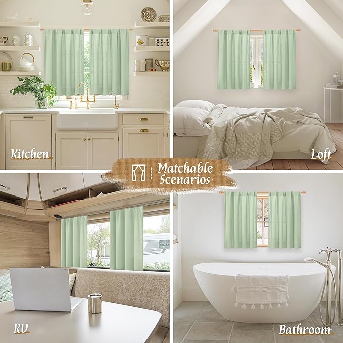 LAMIT 48 Inch Length Linen Curtains 2 Panels, Light Green Soft Faux Linen Light Filtering Panels Rod Pocket Boho Neutral Drapes for Short Windows/Cafe, 42 x 48 Inch