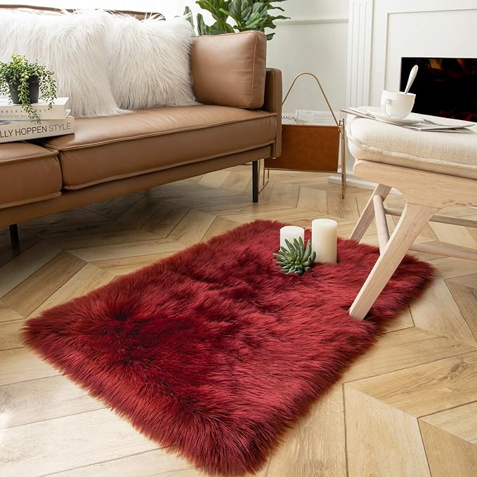 Ashler faux fur rug, Fluffy Shaggy Area Rug Ultra Soft 3 x 5 Feet Rectangle Fur Rug Deep Red Fuzzy Rug Machine Washable Shag Rug, Nursery Decor Throw Rugs for Bedroom, kids room, Living Room