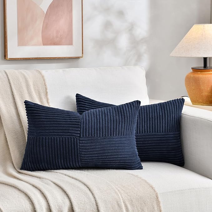 Fancy Homi 2 Packs Navy Blue Lumbar Decorative Throw Pillow Covers 14x22 Inch for Living Room Couch, Rustic Farmhouse Boho Home Decor, Soft Striped Corduroy Rectangle Accent Cushion Case 35x55 cm