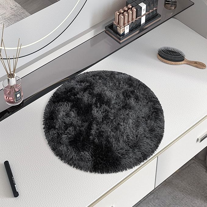 Tie Dye Black Round Rugs Small 2x2 ft Fluffy Circle Rug Furry Carpet Shaggy Circular Fuzzy Plush Area Rug for Girls Bedroom Kids Room Nursery Cute Room Decor Chair Cushion Pet mat Doormat