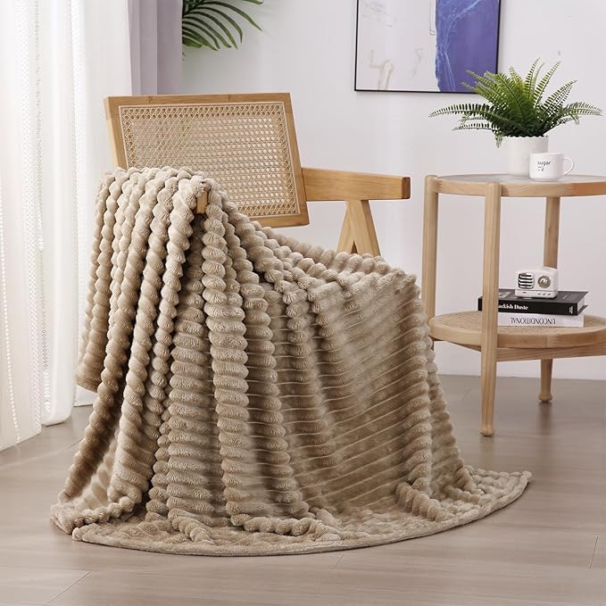 Tan Fleece Throw Blanket 60”×80” for Couch Sofa Bed,Super Soft Cozy Plush Microfiber Flannel Blanket with Stripes Design Lightweight for Adults,Woman,Girls
