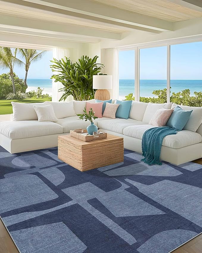 Latte&Fog 8x10 Area Rugs for Living Room, Large Modern Abstract Washable Rug, Boho Non Slip Low Pile Carpet for Indoor Bedroom Dining Room, Office, Dorm, Classroom, Farmhouse and Kids Room - Navy Blue