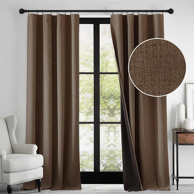 RYB HOME 100% Blackout Linen Textured Curtains 84 inches Long, Thermal Insulating Privacy Energy Saving for Bedroom Living Room Window Office Theater Dining Nursery, W 52 x L 84 in, Coffee, 2 Panels