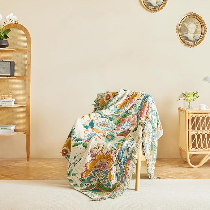 MSGKV Boho Throw Blanket for Couch 50"x60" 100% Cotton Vine Embroidery Blanket Bed Chair Sofa Blankets Muslin Spring Breathable All Seasons Lightweight Farmhouse Blankets Home Decor