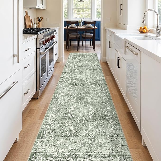 2'6"x12' Washable Hallway Runner Rug - Non Slip Kitchen Runner Rugs with Rubber Backing Vintage Low-Pile Carpet Runners for Entryway Dining Room Laundry Room Home Decor (Muted Sage Green)