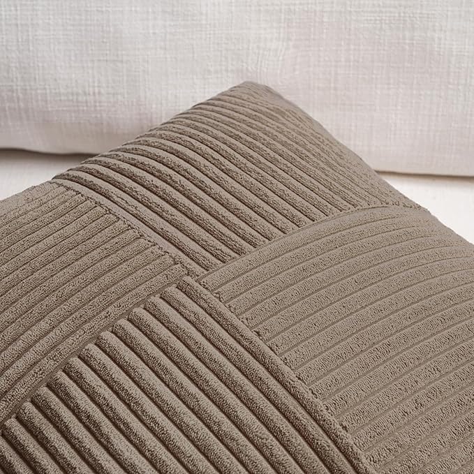 Fancy Homi Set of 2, Light Brown Patchwork Corduroy Decorative Soft Striped Modern Accent Cushion Case Farmhouse Boho Neutral Throw Pillow Covers for Chair Couch Bed Sofa Living Room 14x14 Inch