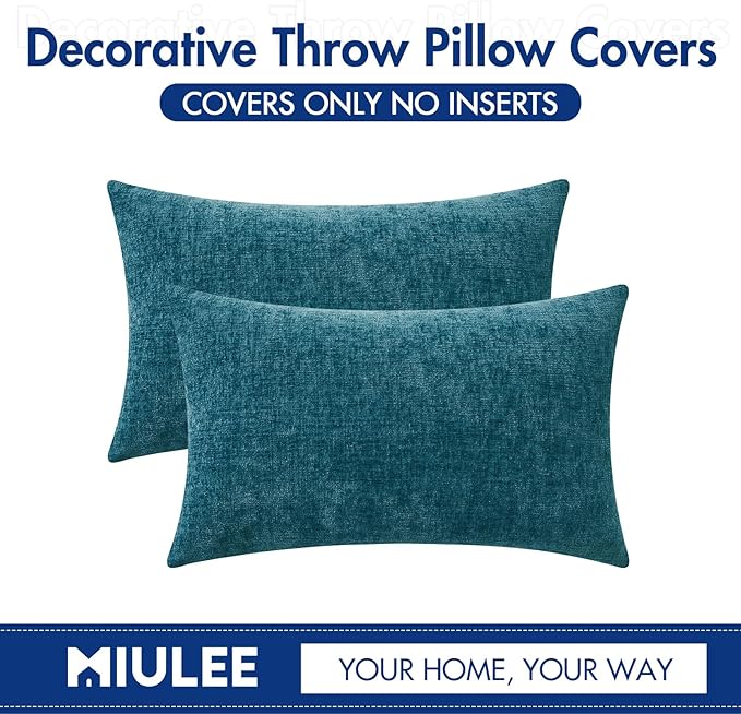 MIULEE Pack of 2 Dark Teal Throw Pillow Covers 12x20 Inch Soft Chenille Lumbar Pillow Covers for Sofa Living Room Couch Solid Dyed Cases