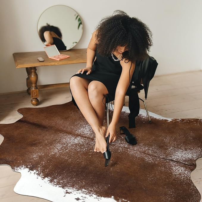 AROGAN 6×7.2 Feet Western Decor Faux Fur Cowhide Rug, Feet Premium Animal Skin Cow Hide Rug, Sturdy Cow Print Rugs for Wall Decor, Western Floor Carpet for Bedroom Living Room, Dark Brown