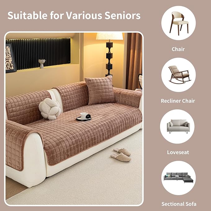 Velvet Couch Cover, Plush Sectional Sofa Cover Washable, Anti Slip Sofa Slipcover for Armrest & Backrest, Furniture Protector Covers for Pets & Kids(1PC, Dark Brown, 35.4"×35.4")