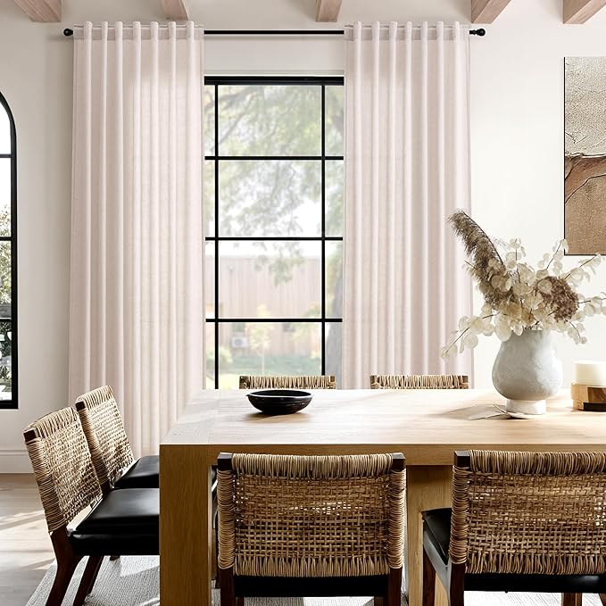 Nanspring Natural White Linen Curtains 102 Inches Long for Living Room Light Filtering Farmhouse Decor Curtains Back Tab Neutral Privacy Sheer Curtain for Bedroom Office 52x102, 2 Panels