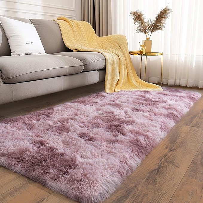 Soft Runner Rugs for Bedroom Hallways, 2x6 Tie-Dyed Grey Purple Fluffy Shag Throw Area Rug Non Slip for Bedside Dorm, Long Shaggy Furry Carpet for Nursery Living Room