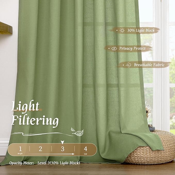 LAMIT Sage Green Linen Curtains 72 inches Long for Living Room, Soft Thick Semi Sheer Light Filtering Rod Pocket Privacy Window Treatments Drapes for Bedroom, 2 Panels Set, 52 x 72 Inch