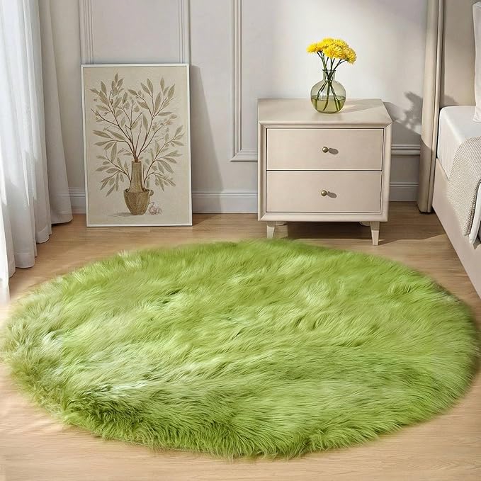 Goolela Lime Green Circle Rugs 4ft Fluffy Fuzzy Furry Rug for Bedside Bedroom Playroom Shag Faux Sheepskin Fur Soft