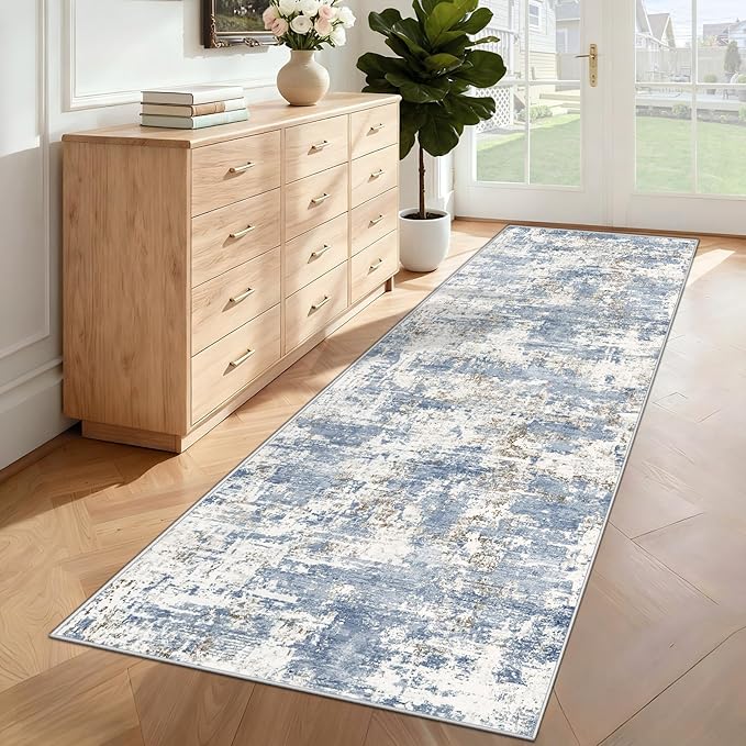 2x8 Runner Rug for Hallway, Washable Modern Abstract Runner Rugs Neutral Soft Non Slip Kids Rug Stain Resistant Indoor Runners for Hallways Entryway Bedroom Kitchen Laundry Room(Blue, 2'x8')