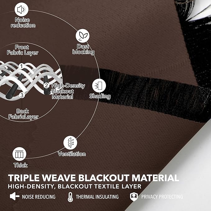 Deconovo Blackout Curtains, Thermal Insulated, W52 x L63 2 Panels, Back Tab, Machine Washable, Room-Darkening Drapes for Bedroom/Living Room Chocolate