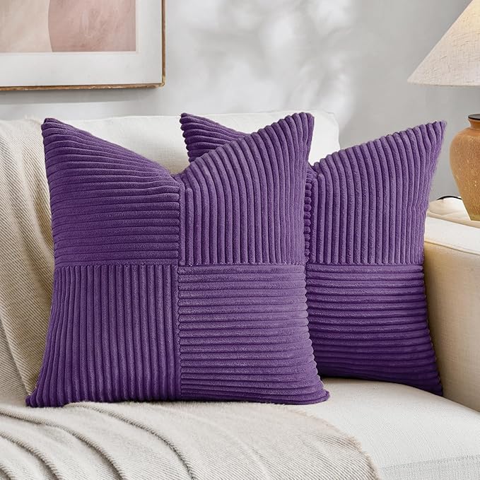 Fancy Homi 2 Packs Purple Samll Decorative Throw Pillow Covers 14x14 Inch with for Couch Bed Sofa, Rustic Farmhouse Boho Home Decor, Soft Corss Patchwork Corduroy Square Cushion Case 35x35 cm