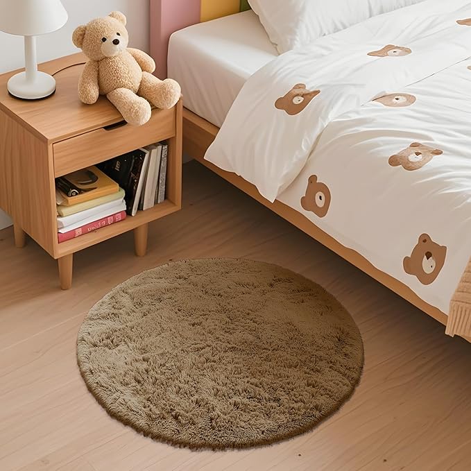 OLANLY Taupe Round Rugs for Bedroom - Machine Washable, 2 ft Circle Area Rugs for Living Room, Soft and Fluffy Shaggy Carpet for Teen Girl and Boys, Nursery Rooms, Dorms, Home Decor Aesthetic