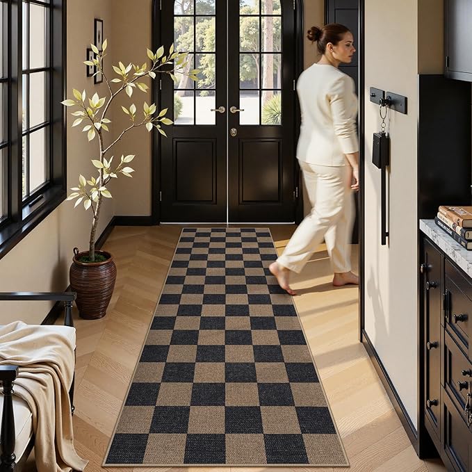 Lahome Colette Checkered Easy Jute 2x8 Runner Rug, Washable Kitchen Runner Rug Non Slip for Entryway Indoor, Checkerboard Black Indoor Outdoor Carpet for Hallway 8ft Entry Laundry Porch