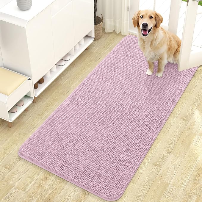 OLANLY Dog Door Mat for Muddy Paws 47x24, Absorbs Moisture and Dirt, Absorbent Non-Slip Washable Doormat, Quick Dry Chenille Mud Mat for Dogs, Entry Indoor Entryway Carpet for Inside Floor, Dusty Rose
