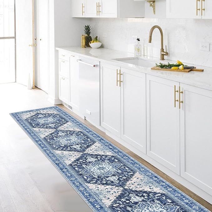Yamaziot Washable Runner Rug, 2x10 Non-Slip Boho Vintage Hallway Rug Runner with Rubber Backing, Stain Resistant & Low Pile Faux Wool Distressed Carpet Runner for Kitchen, Laundry, Entrance, Blue