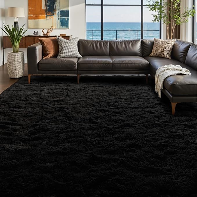 7x10 Ft Extra Large Shag Rugs for Living Room, Ultra Soft Fluffy Furry Area Rugs for Bedroom Indoor Floor, Aesthetic Carpet for Kids Home Decor (Black)