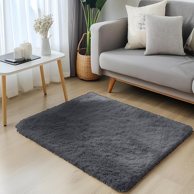 OLANLY 3x3 Machine Washable Small Bedside Rug, Soft Fluffy Shaggy Entryway Throw Rugs for Bedroom, Living Room, Indoor Floor Carpet for Kids Girls and Boys, Nursery Rooms, Home Decor Aesthetic, Grey