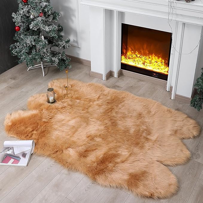 linmopm Faux Fur Rug Sheepskin Shag Fluffy Fuzzy Beige 4x6 ft Rugs for Bedroom Bedside Bed Floor Living Room Plush High-Density Cushion Carpet Super Sofa Cover