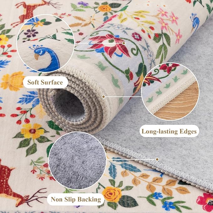 HEBE Washable Hallway Runner Rug 2'x 6' Non Slip Kitchen Rugs Runner,Low Pile Entryway Rug Laundry Room Mat Floral Carpet Runners for Hallways, Kitchen,Bathroom,Laundry,Bedside Rug