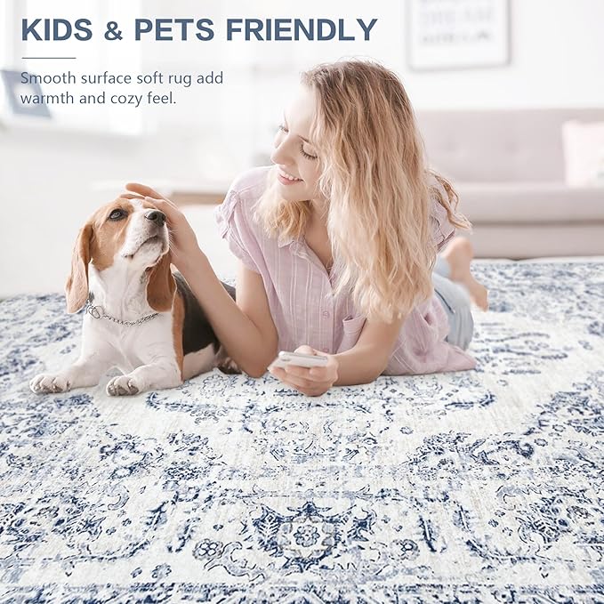 10x14 Area Rugs for Living Room: Washable Rug Vintage Large Rugs Soft Non Slip Low Pile Rug Floral Distressed Floor Carpet for Bedroom Nursery Dining Room Home Office (Blue,10'x14')