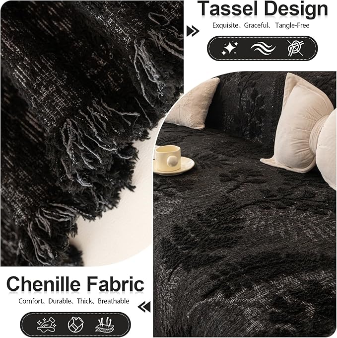 HANDONTIME Washable Couch Covers for Sofa Boho Couch Covers for 3 Cushion Sofa Pet Friendly Black Chenille Jacquard Couch Protector for Dogs Plant Branch Sectional Cover Sofa Slipcovers, 71" X 118"