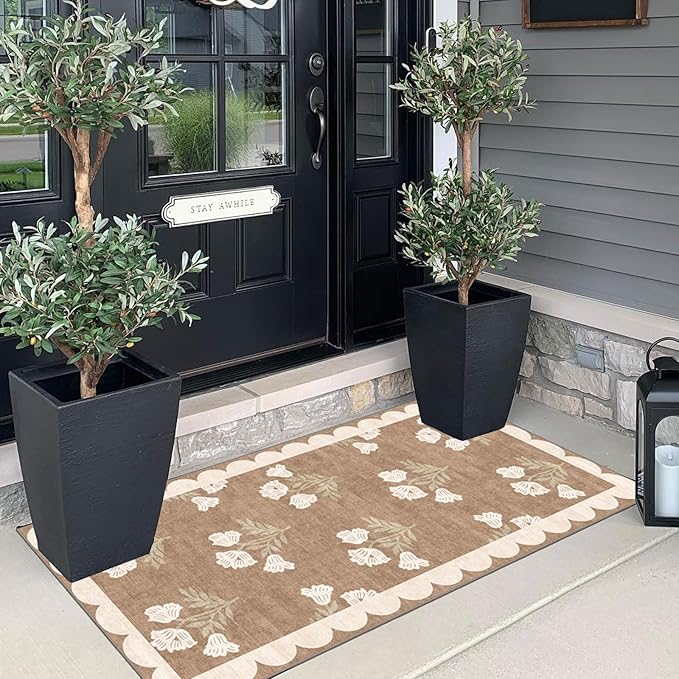 Front Door Mat Indoor Entrance - 2x4.3 Ft Floral Washable Layered Doormat Outdoor Entrance Porch Rug Non-Slip Tan Boho Farmhouse Runner Rug for Kitchen Hallway Bedroom Laundry Room Porch Decor