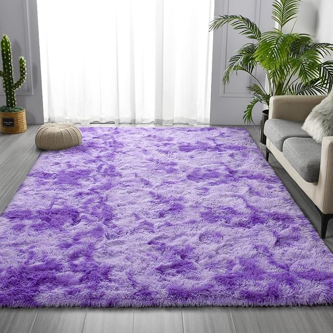 Deerhoo Large Shag Area Rugs 8 x 10, Tie-Dyed Plush Fuzzy Rugs for Living Room, Ultra Soft Fluffy Furry Rug for Bedroom, Indoor Carpet Nursery Rugs for Kids Room Home Decor, Purple