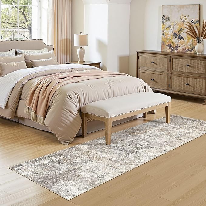UERMEI 2X6 Washable Runner Rug for Hallway: Soft Neutral Modern Abstract Area Rug - Non-Slip Low Pile Long Throw Indoor Carpet for Kitchen Entryway Kitchen Bedroom Laundry Bathroom - Brown Grey
