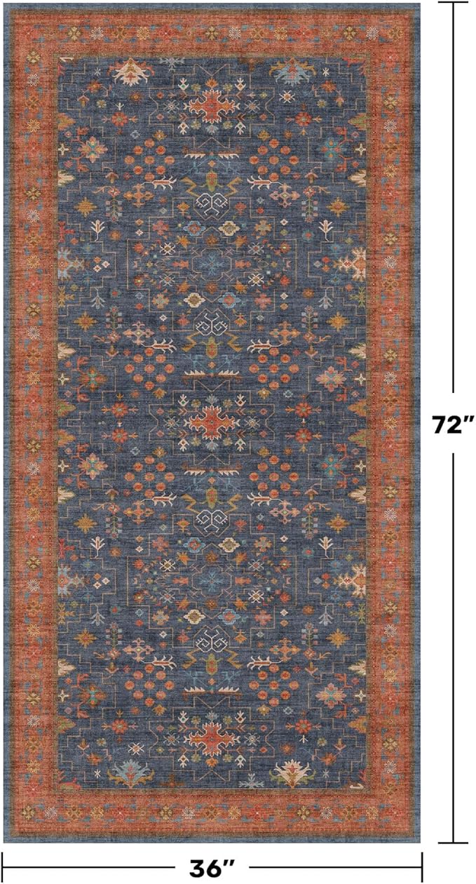 Washable Kitchen Rugs, 3x6 Area Rug for Large Entryway Indoor, Kitchen Mat, Small Rug for Living Room - Stain Resistant Non Skid Non Slip Rubber Backing, Boho Aethestic Décor (3x6 Navy Blue)