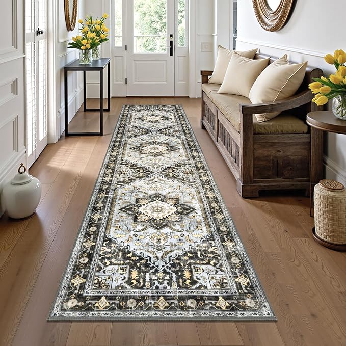 Yamaziot Washable Runner Rug, 2x8 Non-Slip Boho Vintage Hallway Rug Runner with Rubber Backing, Stain Resistant & Low Pile Distressed Carpet Runner for Bedroom, Kitchen, Laundry, Entrance, Black Gold