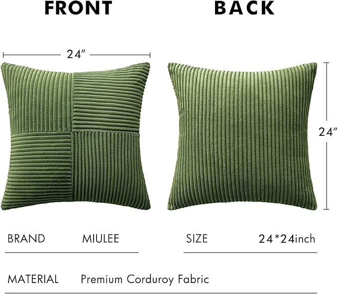 MIULEE Moss Green Decorative Euro Sham Pillow Covers 24x24 Inch for Bed Couch Sofa Spring Decor Pack of 2 Boho Farmhouse Throw Pillows Soft Cross Corduroy Patchwork Textured Cushion Cases