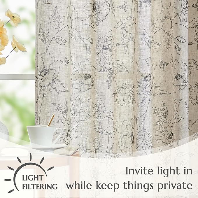 jinchan Linen Floral Curtains for Living Room 84 Inch Length Grey Flower Curtain Rod Pocket Back Tab Farmhouse Curtains with Printed Floral Bedroom Window Curtain Set, 2 Panels Gray