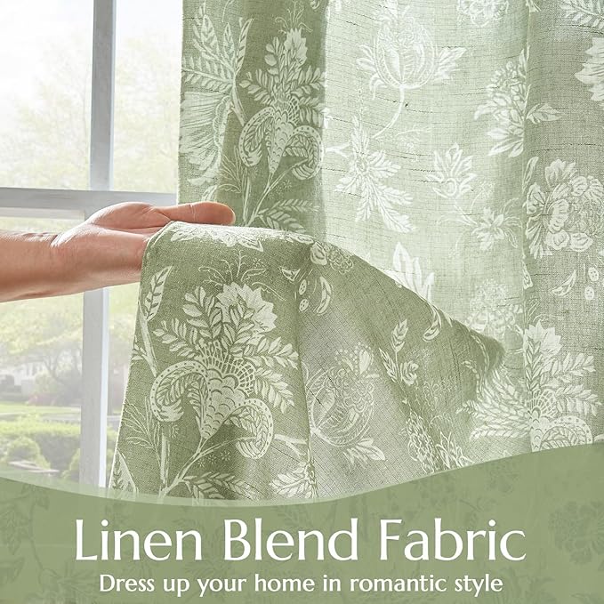 jinchan Linen Floral Curtains for Living Room with Printed Flower 84 Inches Long Light Filtering French Country Back Tab Rod Pocket Sage Green Window Curtain Set Farmhouse Drapes 2 Panels