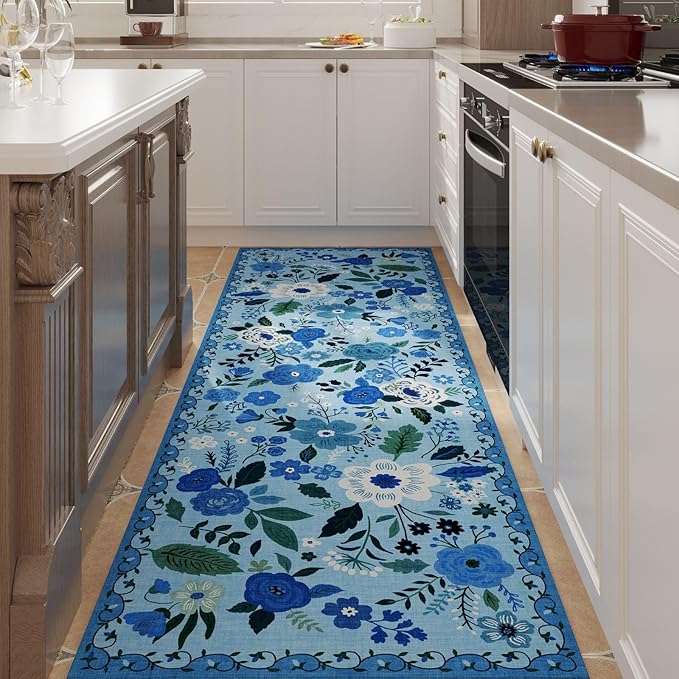 Rugcomf 2x5 Rug Runner - Floral Machine Washable Kitchen Rug, Non-Slip Low Pile Boho Carpet for Hallways, Laundry, Entryway, Bedroom, Bathroom - Black