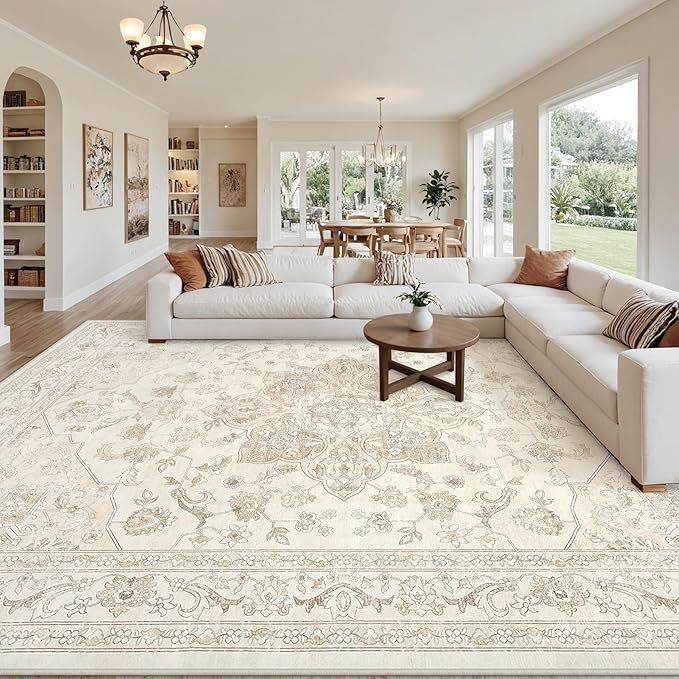 8x10 Area Rugs for Living Room: Vintage Boho Neutral Washable Rug Indoor Soft Large Area Rug Carpet for Bedroom Nursery Farmhouse Dining Room Office Floor Non-Slip Low Pile Under Table Rug Beige White