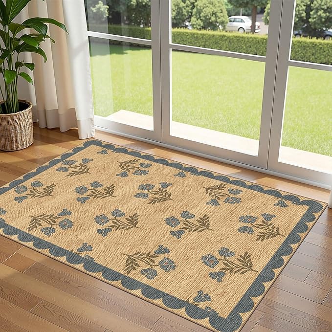 3x5 Floral Entry Rug - Small Washable Indoor Outdoor Mats for Front Door Non-Slip Jute-Look Porch Rug Boho Blue Scalloped Throw Rugs for Living Room Bedroom Entryway Kitchen Office Porch Decor