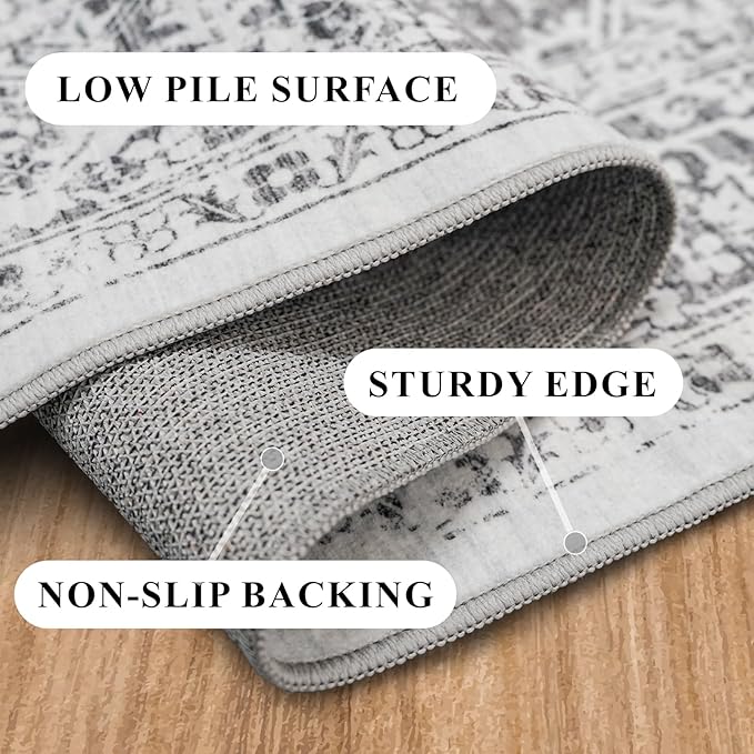 Washable 2'6''x12' Runner Rug - Non-Slip Vintage Runner Rug for Entryway Low-Pile Medallion Long Rugs for Hallway Waterproof Traditional Runner Rugs Indoor Thin Rug for Kitchen Grey