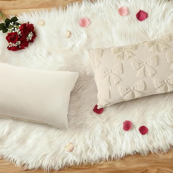 decorUhome Beige Bow Pillow Covers Set of 2 Coquette Aesthetic Cute Preppy Plush Faux Pillowcases for Girly Bedroom or Couch 12x20 Inch