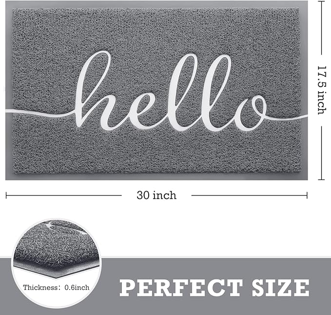 CozyBounty Door Mat Hello Mats Outdoor Indoor Non-Slip Doormat for Entryway Low-Profile Floor Mat for Yard, Garage, High Traffic Areas (30"x17.5", Grey)