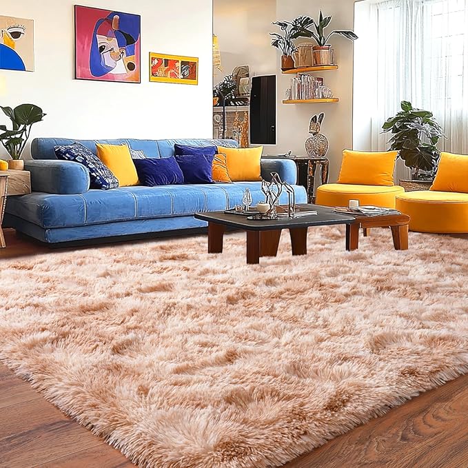 Pionblank 8x10 Rug for Living Room, Fuzzy Plush Large Area Rug, Fluffy Modern Shag Non Slip Soft Furry Carpet for Bedroom Kids Room Nursery Teens Dorm Home Decor, Tie-Dyed Beige