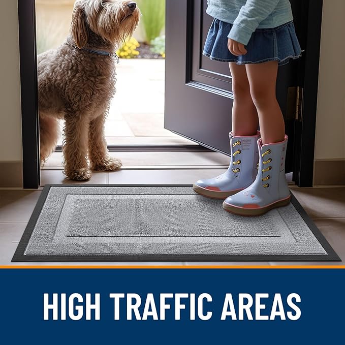 OLANLY Front Door Mat Indoor Outdoor Entrance, Waterproof All-Season, All-Weather Doormat, Sturdy Natural Rubber, Low Profile, Easy Clean Patio Porch Entryway Mat, 33x21, Silver Gray