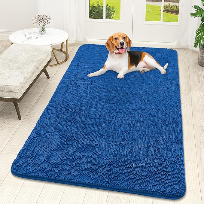 OLANLY Dog Door Mat for Muddy Paws 59x32, Absorbs Moisture and Dirt, Absorbent Non-Slip Washable Doormat, Quick Dry Chenille Mud Mat, Entry Indoor Entryway Carpet for Inside Floor, Deep Navy Blue